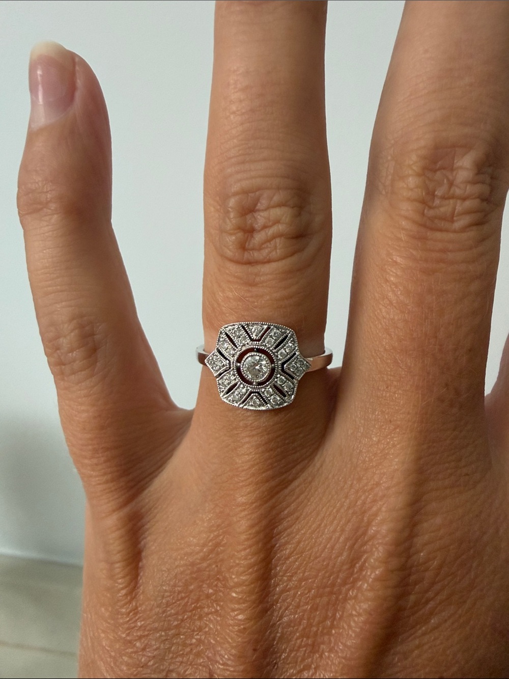 14k White Gold Art Deco Square Cluster Ring with Diamonds
